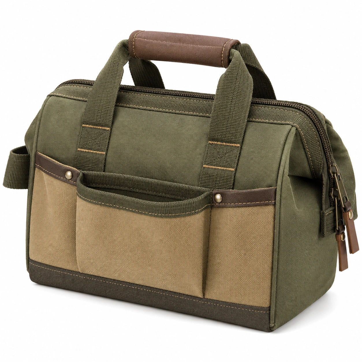 Sac à outils vert et beige avec multi-compartiments