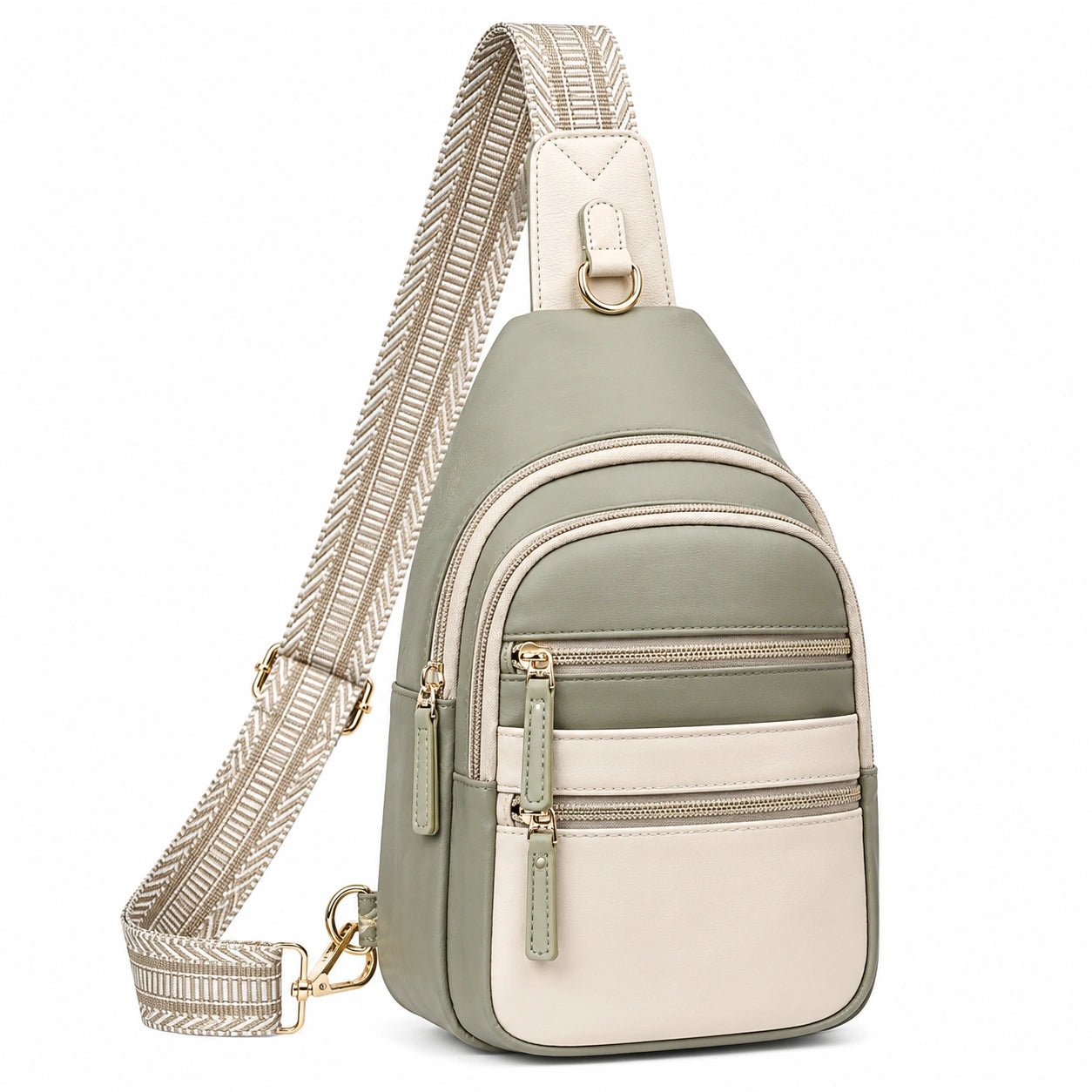 Sac à dos bandoulière moderne vert kaki et beige