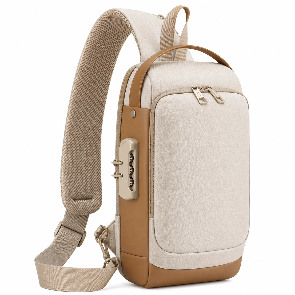 Sac à Bandoulière Antivol Crème et Marron avec Verrou