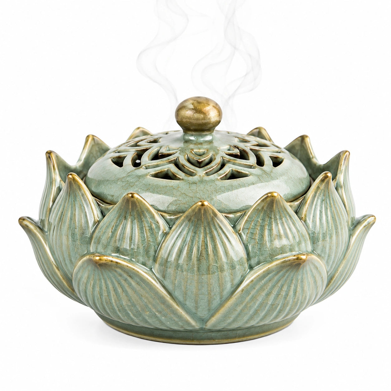 Brûleur d'encens en céramique Lotus ajouré vert et or