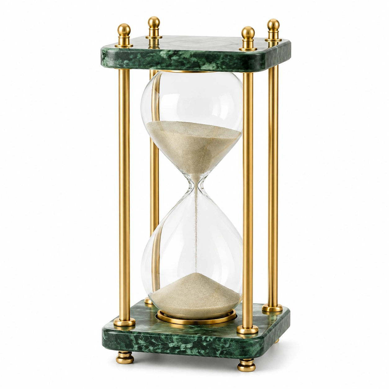 Sablier décoratif vert et doré avec sable beige
