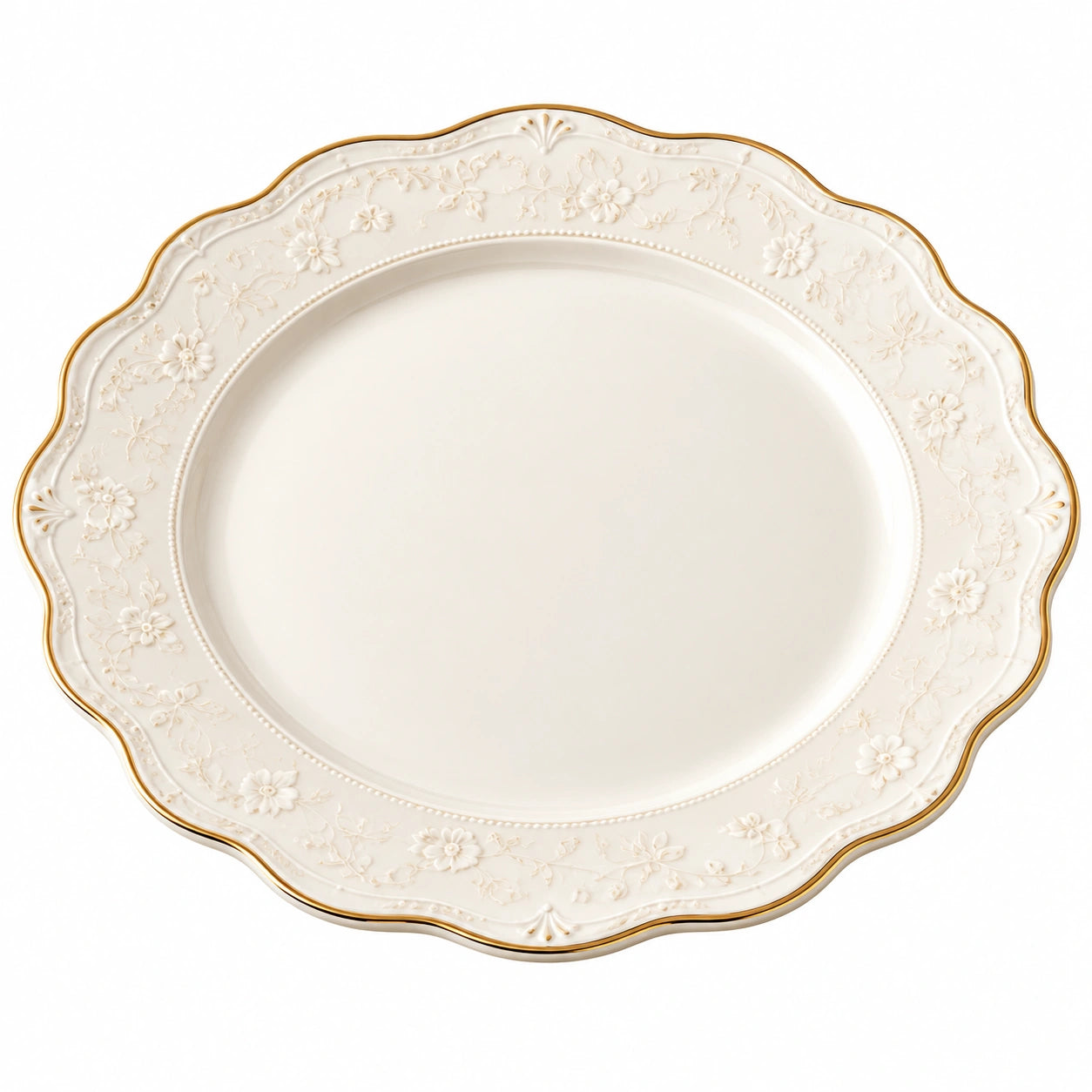 Assiette décorative en porcelaine blanche avec bordure dorée et motif floral 27cm