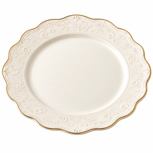 Assiette décorative en porcelaine blanche avec bordure dorée et motif floral 27cm