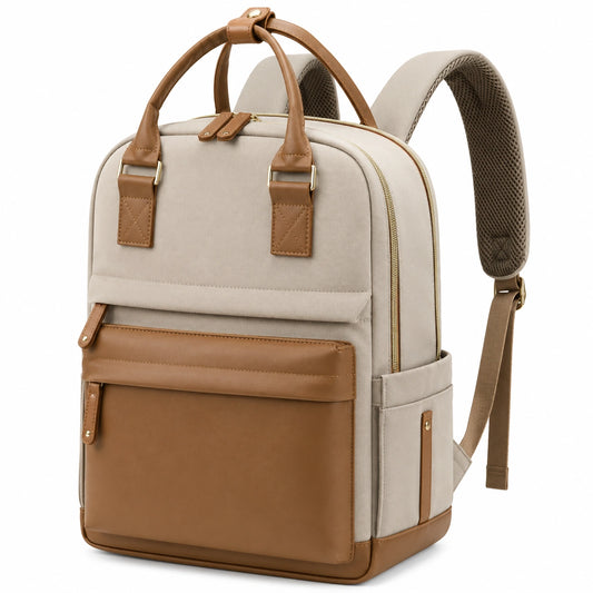 Sac à dos beige et marron avec compartiment pour ordinateur portable