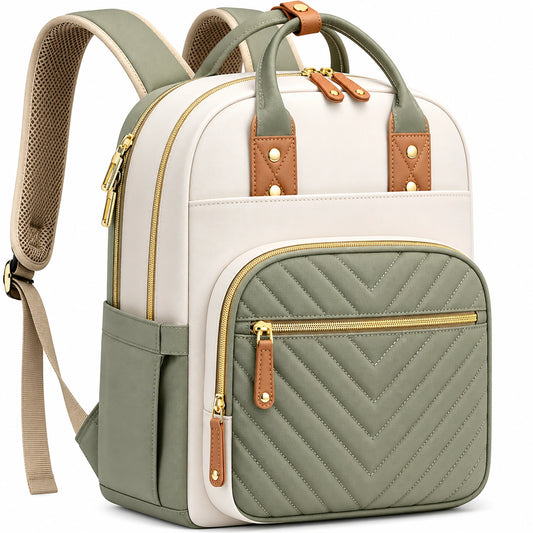 Sac à dos bicolore beige et vert olive avec détails dorés pour adultes