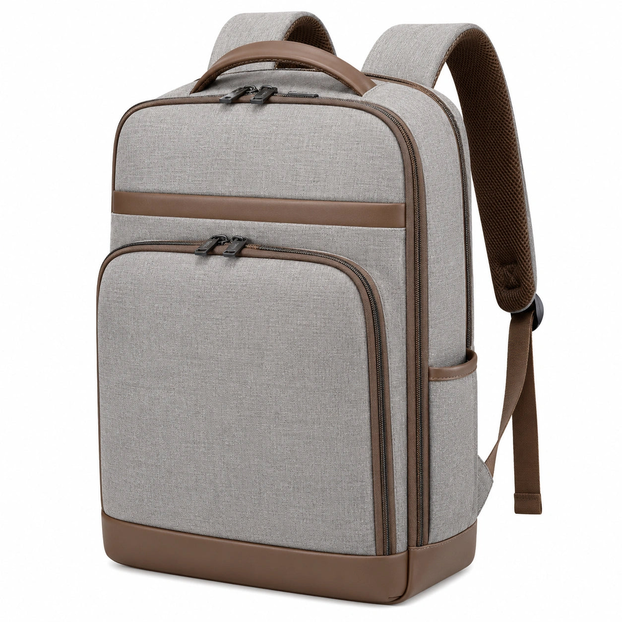 Sac à dos ordinateur imperméable à compartiments multiples gris et marron