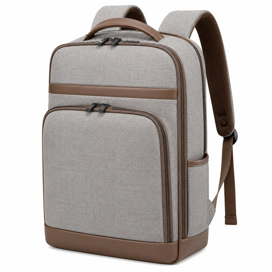 Sac à dos ordinateur imperméable à compartiments multiples gris et marron
