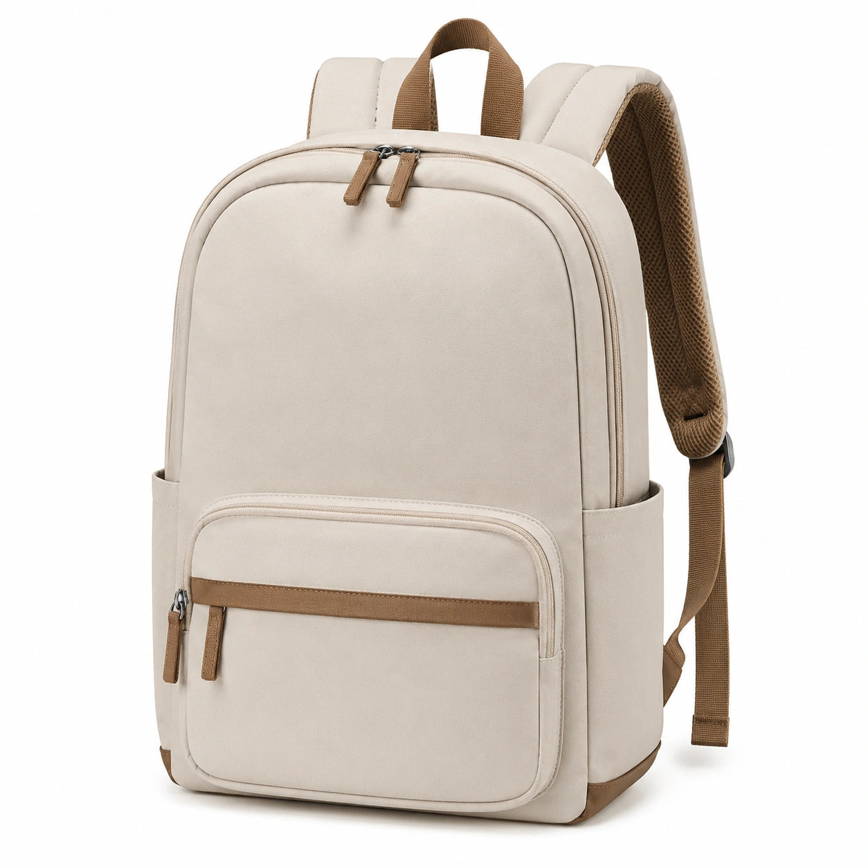 Sac à dos beige avec poches multiples et fermeture éclair