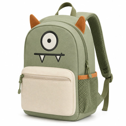 Sac à dos enfant vert motif monstre avec cornes décoratives