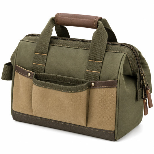Sac à outils vert et beige avec multi-compartiments