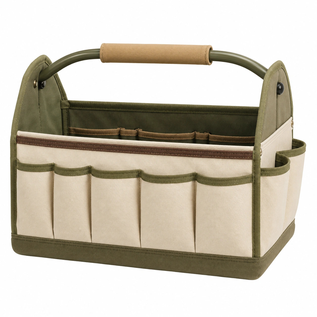 Panier de Rangement à Outils Portable Beige et Vert avec Multiples Poches