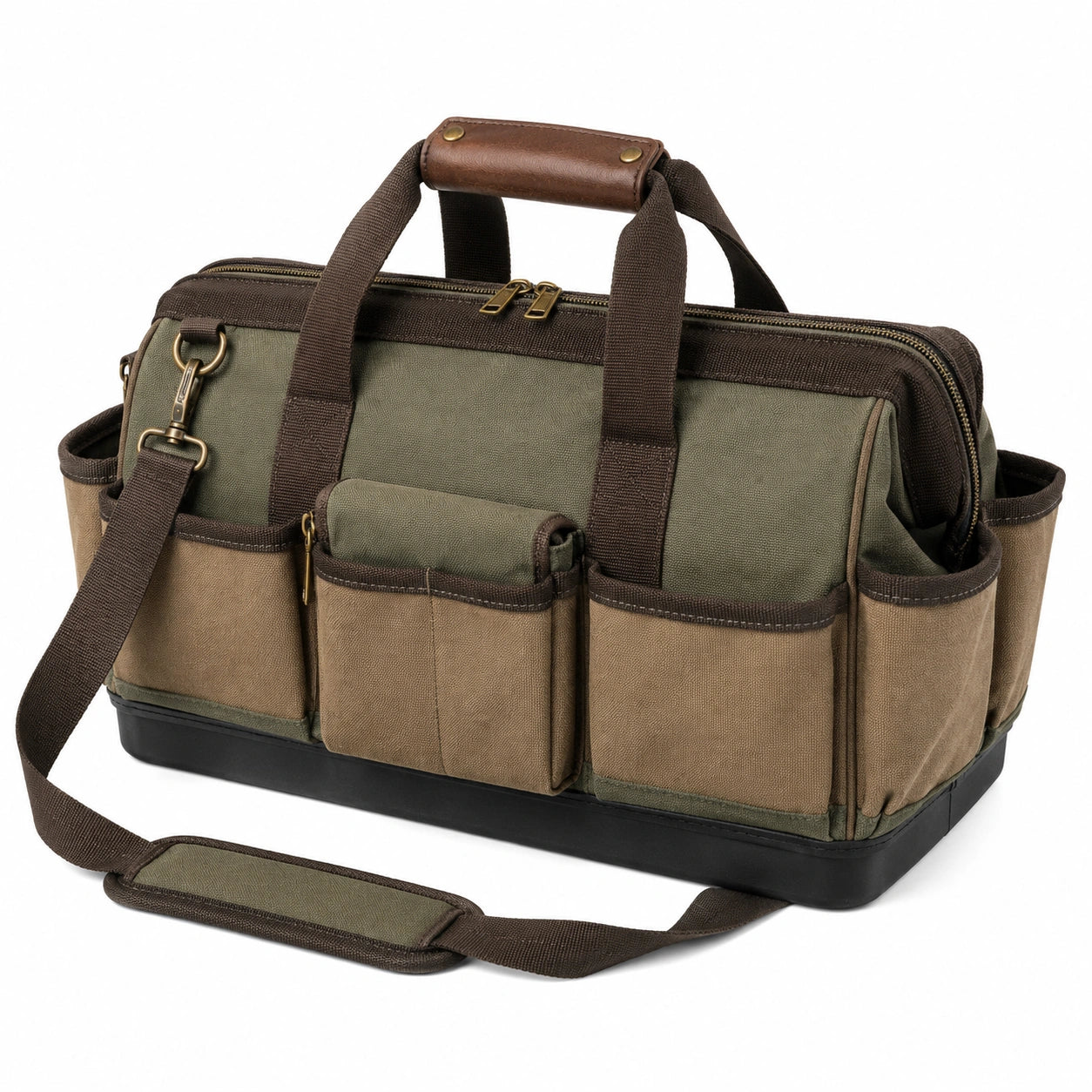 Sac à outils robuste vert et marron avec poches multiples