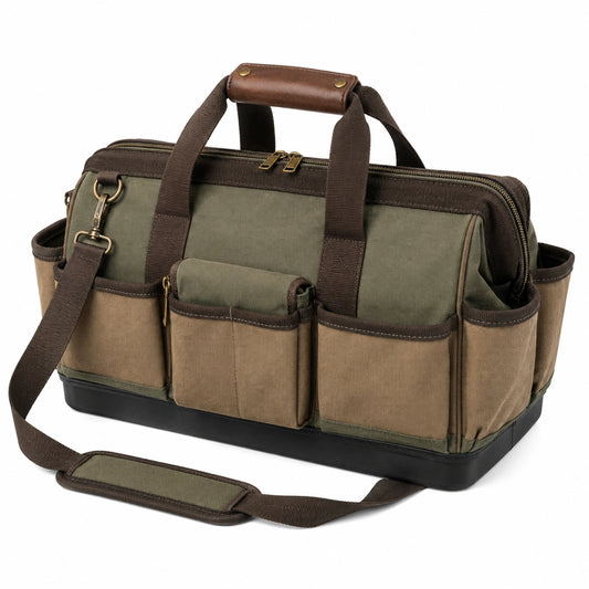 Sac à outils robuste vert et marron avec poches multiples