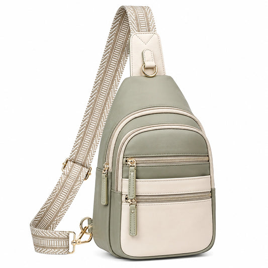 Sac à dos bandoulière moderne vert kaki et beige