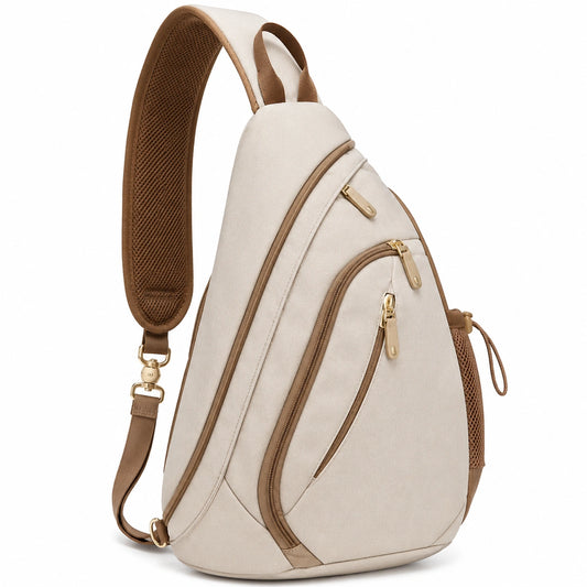 Sac à bandoulière beige avec fermeture éclair et design confortable