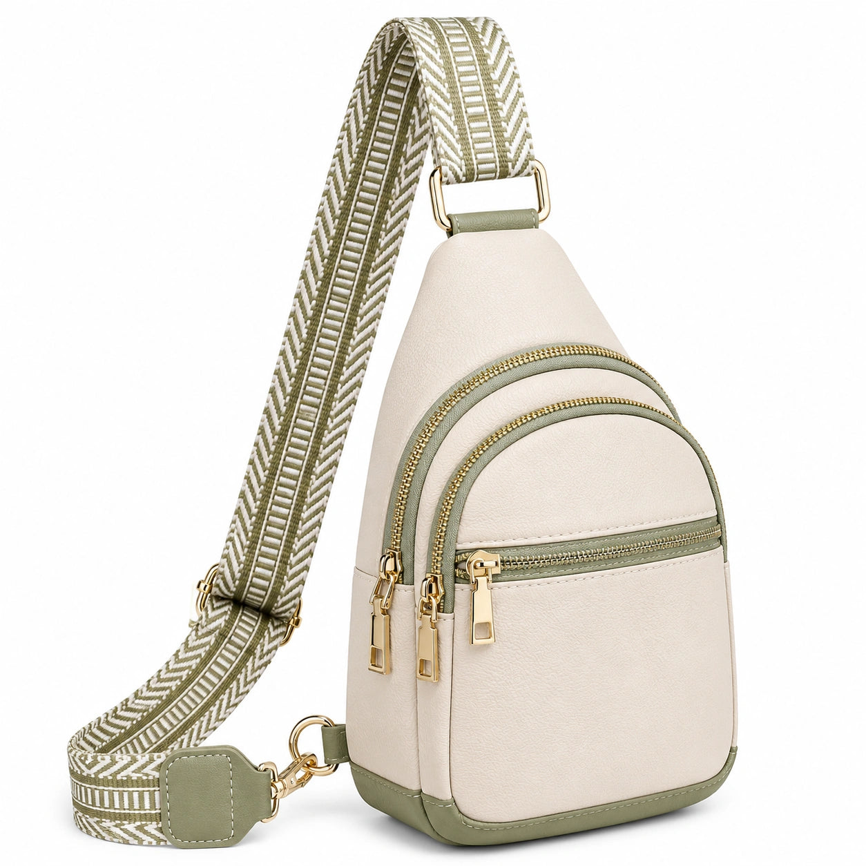 Sac à bandoulière beige et vert avec sangle tissée