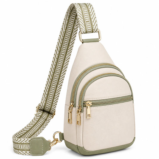 Sac à bandoulière beige et vert avec sangle tissée