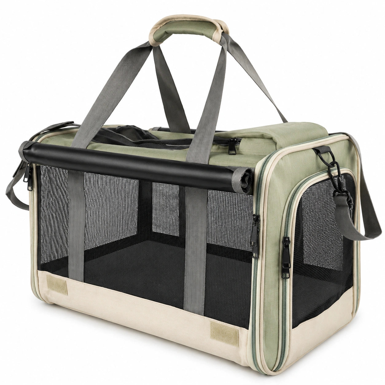 Sac de Transport pour Animaux en Maille Respirante Vert/Beige avec Sangle Amovible