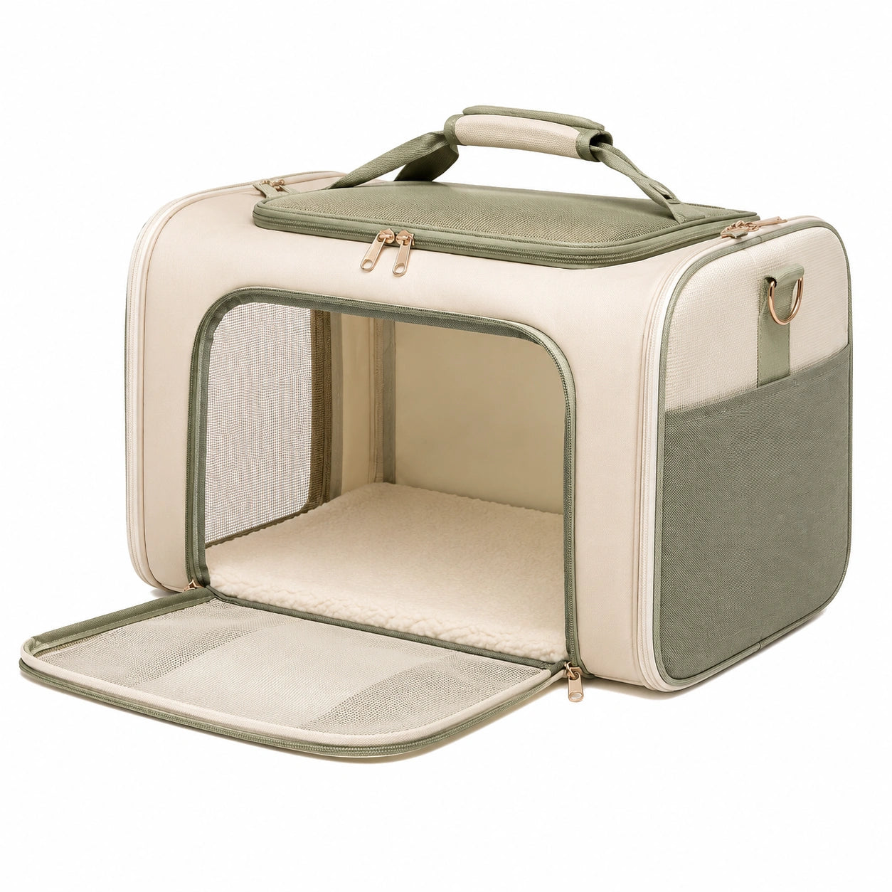 Sac de transport pour animaux en beige et vert avec coussin amovible