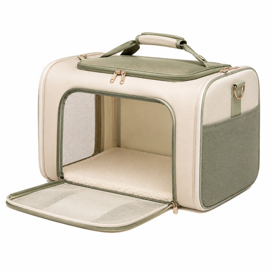 Sac de transport pour animaux en beige et vert avec coussin amovible