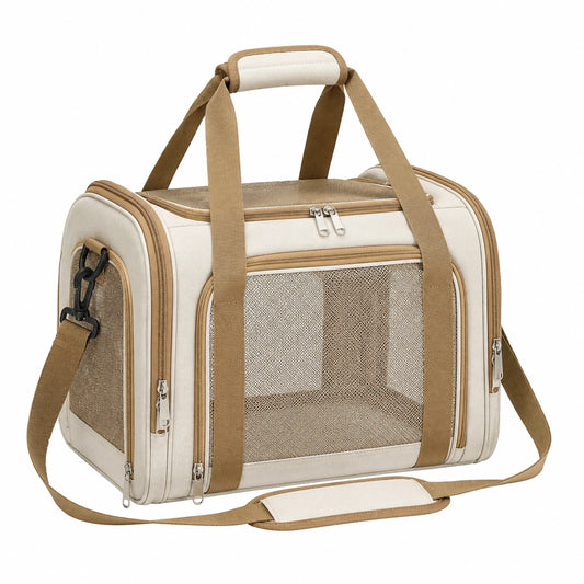 Sac de transport beige et marron pour animaux de compagnie avec ventilation