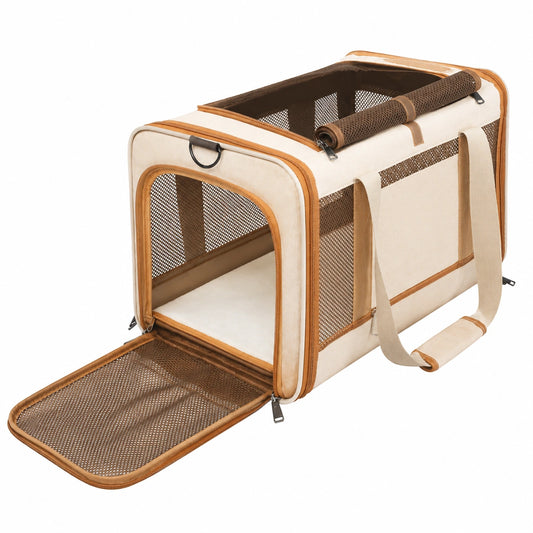 Sac de transport pour animaux beige et marron avec filet respirant
