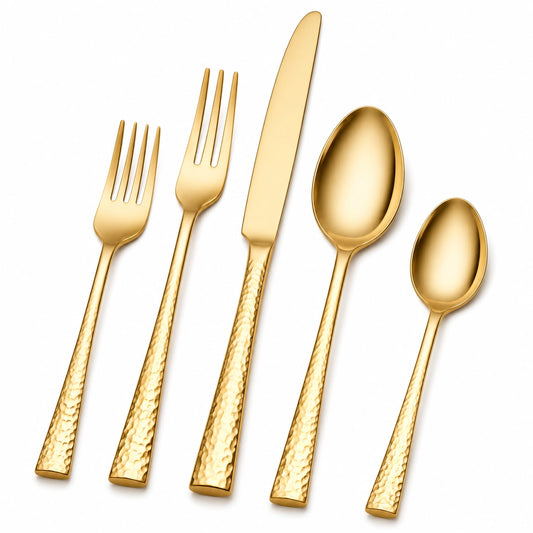 Ensemble de Couverts 5 Pièces Doré avec Design Martelé