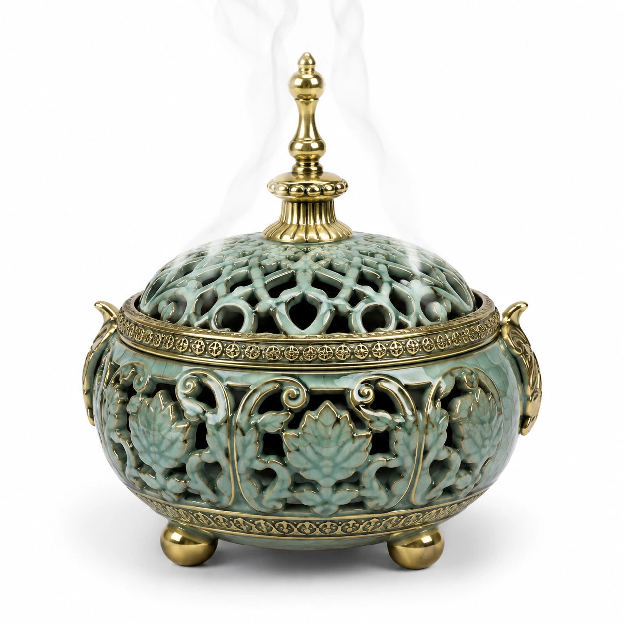 Encensoir en Céramique Verte avec Motif Floral et Accents Dorés