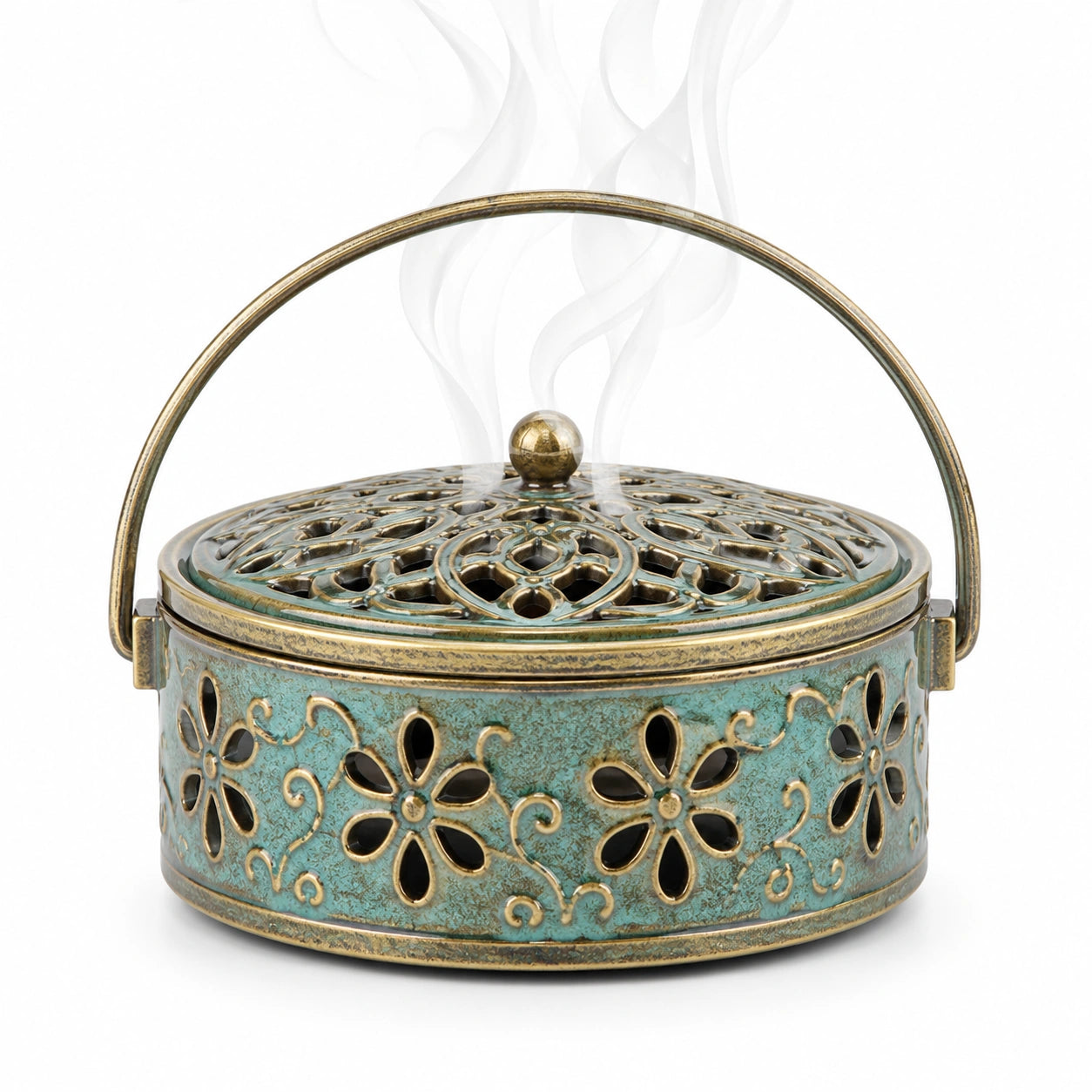 Encensoir Vintage en Vert et Bronze avec Motifs Floraux