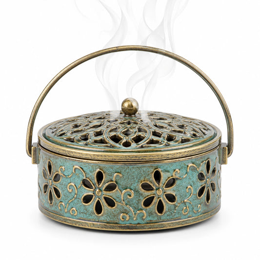 Encensoir Vintage en Vert et Bronze avec Motifs Floraux