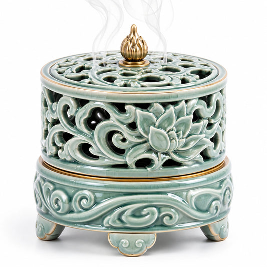 Brûleur d'Encens avec Lotus Sculpté - Vert