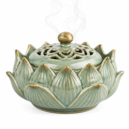 Brûleur d'encens en céramique Lotus ajouré vert et or