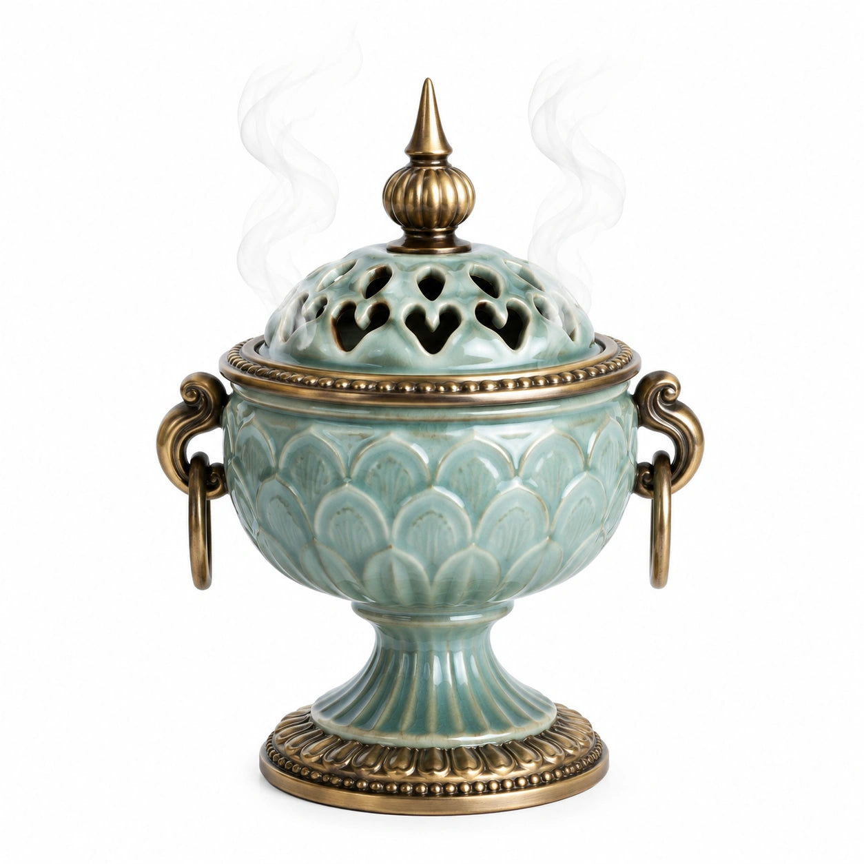 Brûleur d'encens classique en céramique ajourée vert et bronze