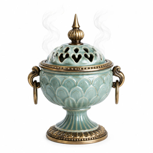 Brûleur d'encens classique en céramique ajourée vert et bronze