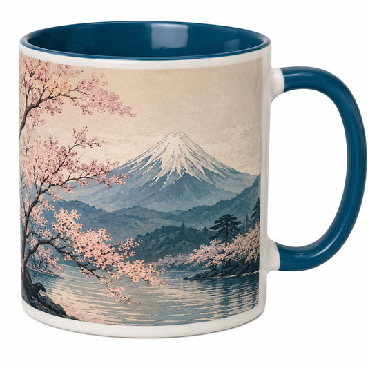 Tasse en céramique Mont Fuji 350ml intérieur et poignée bleus