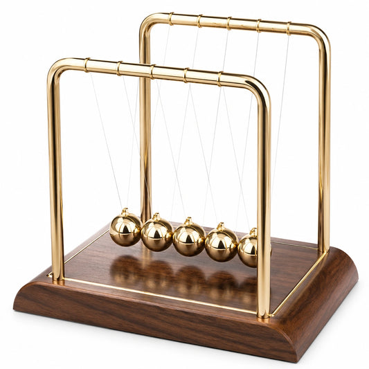 Pendule de Newton en Métal Doré avec Base en Bois