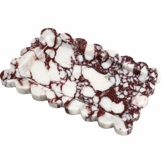 Plateau rectangulaire en marbre blanc et rouge, bordure sculptée