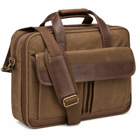 Sacoche pour ordinateur portable en toile marron avec bandoulière réglable