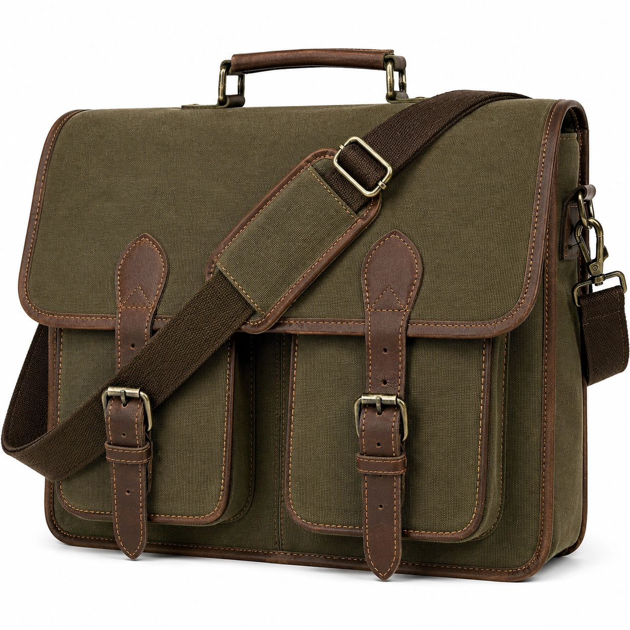 Sacoche en toile verte avec finitions en cuir marron