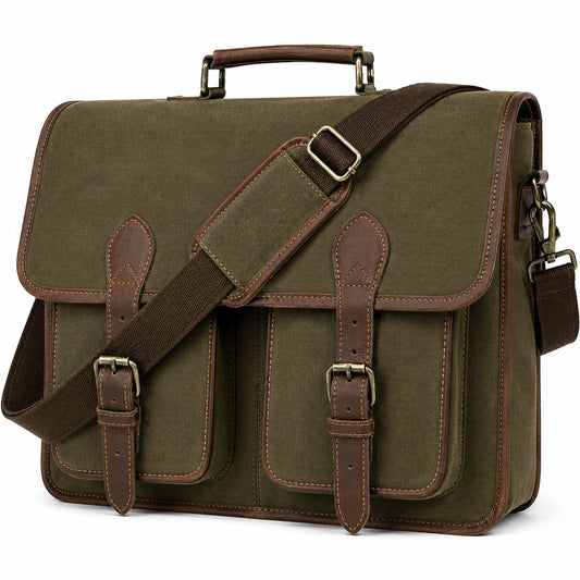 Sacoche en toile verte avec finitions en cuir marron