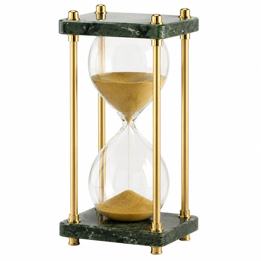 Sablier décoratif en verre avec support doré et base en marbre vert