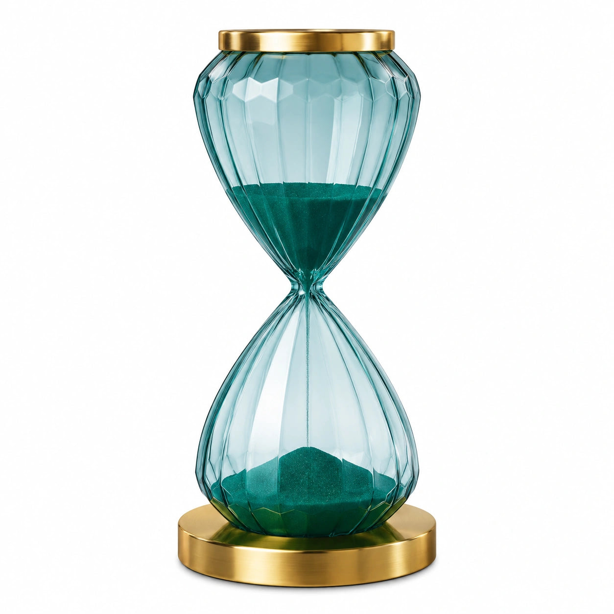 Sablier Décoratif en Verre Facetté et Métal Doré, 30 Minutes, Vert