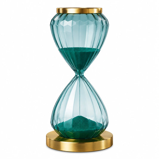 Sablier Décoratif en Verre Facetté et Métal Doré, 30 Minutes, Vert